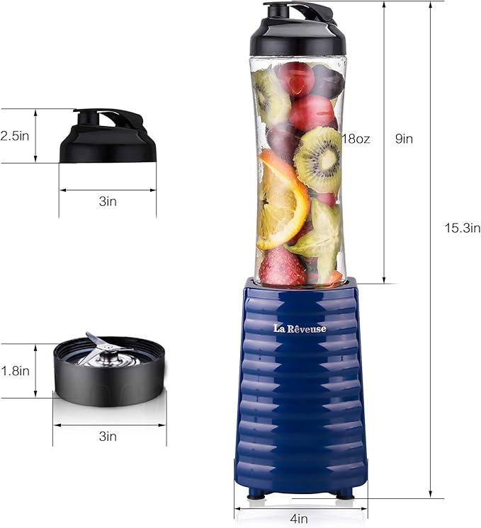 La Reveuse Smoothies Blender Personal Size 300 Watts with 18 oz BPA-Free Portable Travel Sports BottleNavy