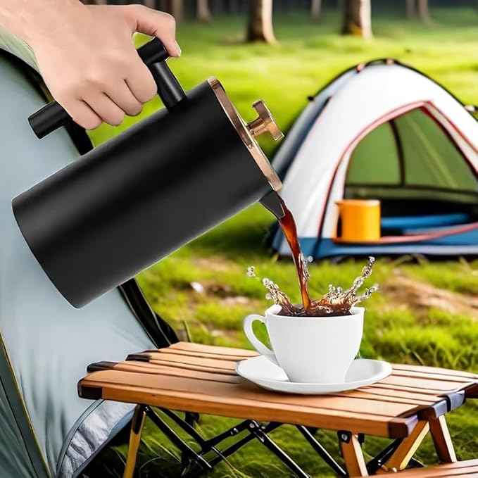 Black French Press Stainless Steel 34oz Double Wall Insulated Coffee Press 1L for travel camping with 2 Extra Filter Screens and 1 Coffee Spoon（8cup 1000ml）