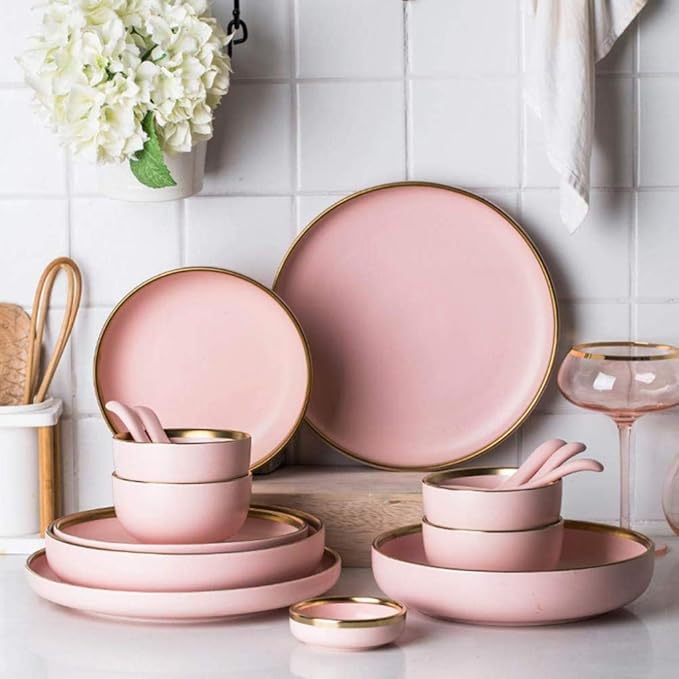 28 Pieces for 6 People Ceramic Pink Penh Dinner Set Matte Porcelain Tableware Housewarming Gift
