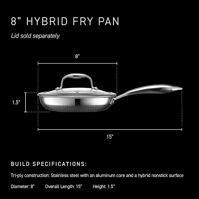HexClad Hybrid Nonstick 3-Piece Cookware Set 8 Pan 8 Lid and 12 Griddle Stay-Cool Handles Dishwasher and Oven-Safe Induction Ready Compatible with All Cooktops
