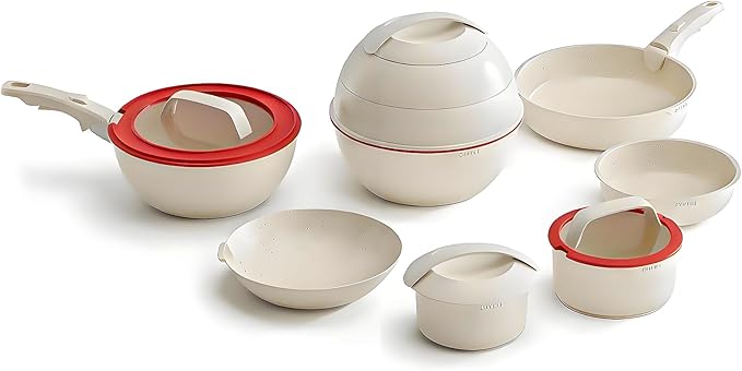 OMTM 19pcs Ceramic Non Stick Pots and Pans Set with Detachable Handle Space-Saving Nestable Cookware Set for Kitchen Dishwasher &amp Oven Safe Eco-Friendly Non-Toxic (PFOS PFOA Free)