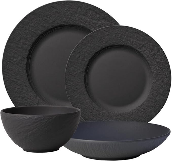 Villeroy &amp Boch Manufacture Rock 4-Piece Place Setting Dinner Plate Salad Plate Rice Bowl Pasta Bowl Premium Porcelain Made in Germany Matte Black