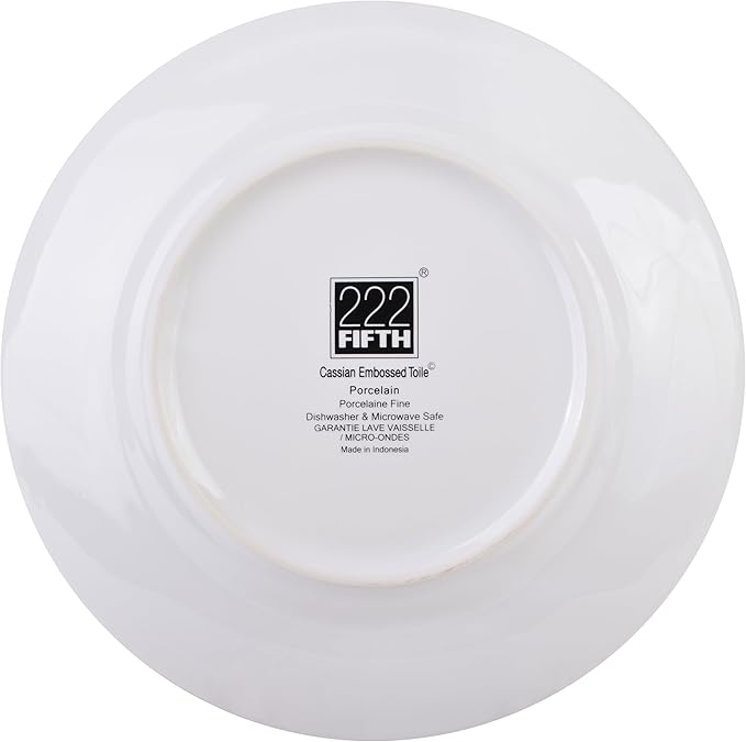222 Fifth 12-Piece Porcelain Dinnerware Set for 4 White &amp Blue Plates and Bowls Set Glossy Ceramic Dish Set with Embossed Toile Pattern Elegant Kitchen Dishes Microwave &amp Dishwasher Safe