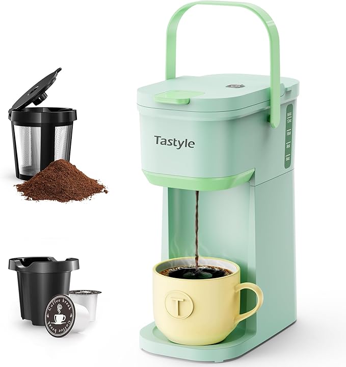 Single Serve One Cup Coffee Maker for K Cups and Grounds Mini Coffee Maker with Portable Handle 6 to 12 Oz Brew Size for Travel Camping Office RV and Dorm 120V Oasis