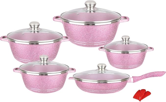 10-Piece Granite-Marble Coated Nonstick Cookware Set with Glass Lids - Ultimate Aluminum Alloy Pots and Pans Collection for Home and Kitchen Including Saucepans Frying Pan and STO(Color:Pink)