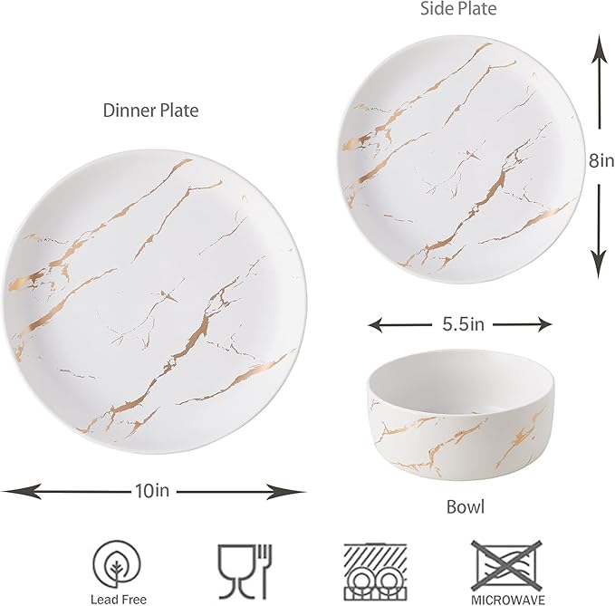 White Gold Splash Dinnerware Sets 12 Pieces Fine China Marble Plates and Bowls Sets Modern Porcelain Dish Set for 4 Luxury Dinner Set for Formal Dinners and Weddings