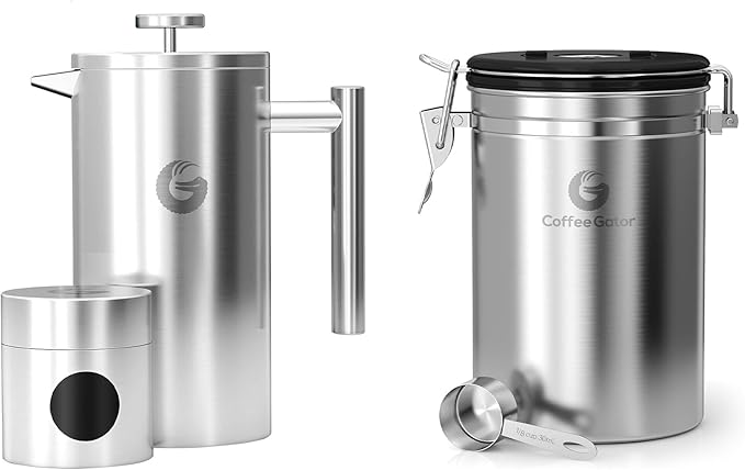 Coffee Gator French Press Coffee Maker 34oz Silver and Coffee Canister - 22oz Airtight Stainless Steel Kitchen Food