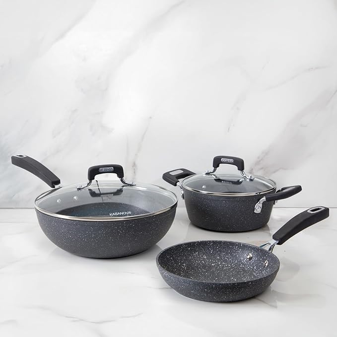 New Petra Dark 5-Pcs Cookware set Nonstick Induction ready Aluminum cookware set with glass lids Frying Pans &amp Casseroles PFOA free