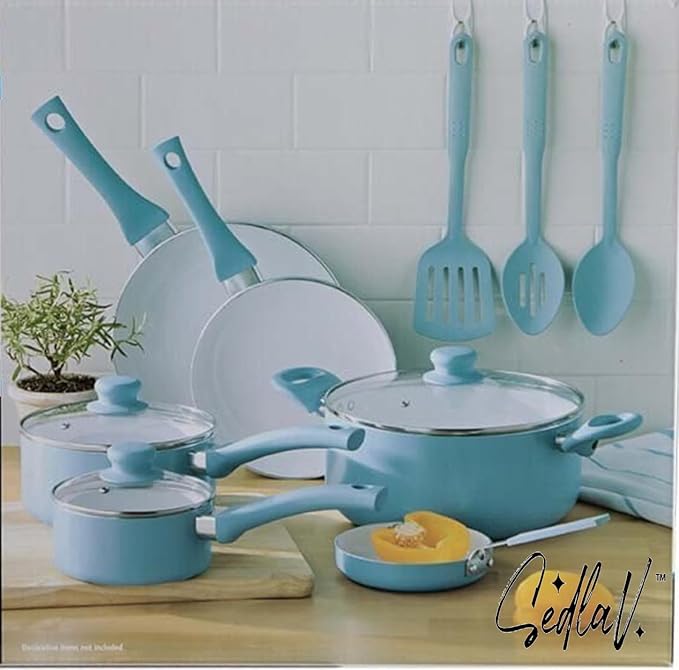 SEDLAV 12-Piece Ceramic Cookware Set in Blue Linen: Elevate Your Culinary Experience
