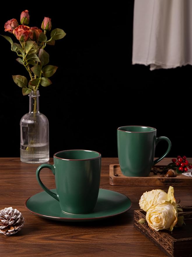 Famiware Venus Plates and Bowls Sets with Coffee Mugs Set 18 Pieces Stoneware Dinnerware Sets Dark Green