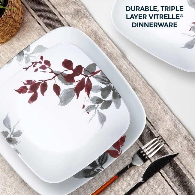 Corelle Kyoto Leaves 16pc Service for 4 Dinnerware Set 8 plates bowls Chip &amp Break Resistant Dinner and Corelleware White