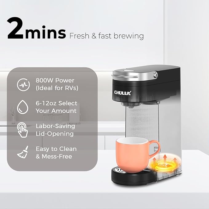 CHULUX Slim Single Serve Coffee Maker for K Pods One Cup Coffee Maker Fits 7.3 Travel Mugs Coffee Machine with 6 to 12oz Brew Sizes