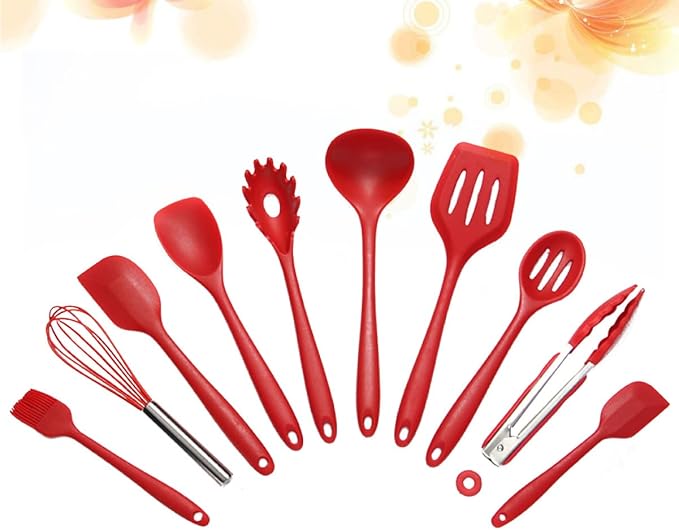 10pcs Non-stick Silicone Cookware Set Kitchenware Suit Egg Scraper Spoon Spatula Brush Red