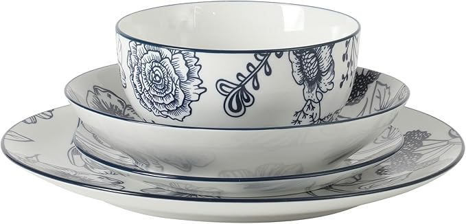 Gibson Home Westerly Court 16-Piece Dinnerware Set Blue Floral Stoneware Plates &amp Bowls Service for 4 Round Durable Everyday Dish Set