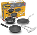 Hawkins Futura 6-Piece Hard Anodised Induction Gift Set - 2L Kadhai 20cm Frying Pan 26cm Tava Glass Lid Stainless Steel Skimmer and Turner (HAGP1)
