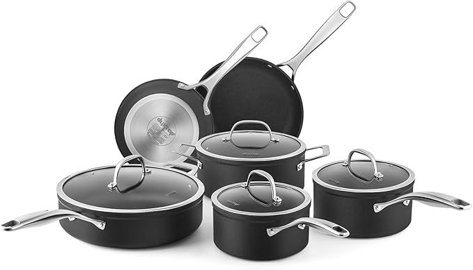 Duxtop Hard-Anodized Nonstick Cookware Set 10 PCS Anti-Scratch Pots and Pans Set Aluminum Kitchen Induction Cookware PFAS-Free Oven Safe to 500 °F Dishwasher Safe Black