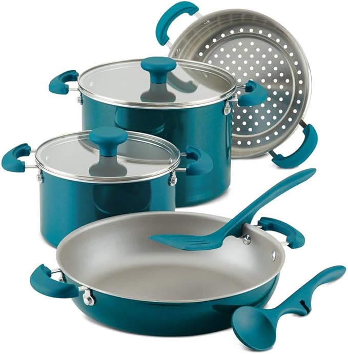 Rachael Ray 8-Piece Aluminum Cookware Set Teal Shimmer