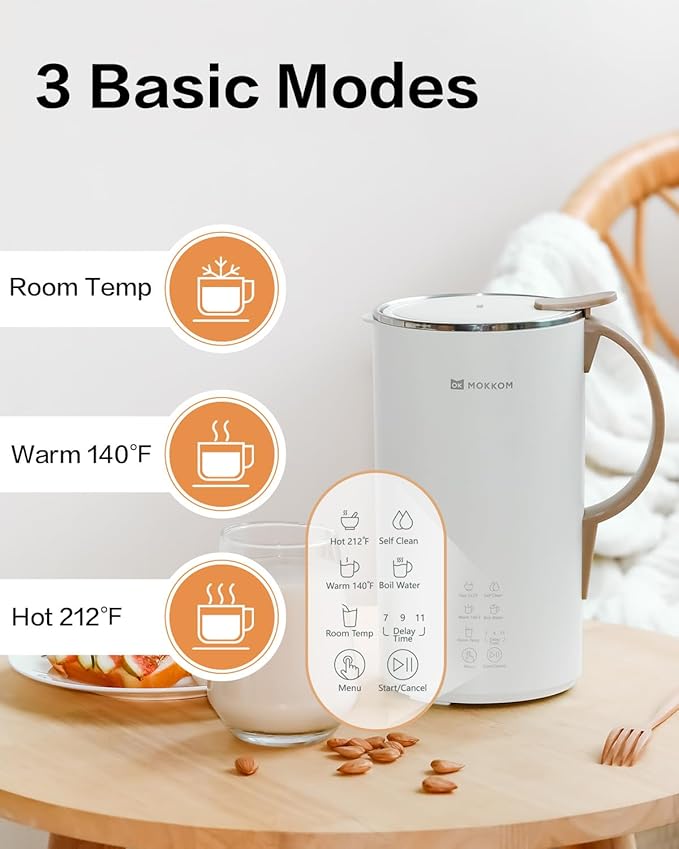 MOKKOM Nut Milk Maker 20 oz Soy Milk Maker for Homemade Plant-Based Milk Oats Soy Dairy Free Beverages Automatic Almond Milk Machine with Delay Start/Keep Warm/Self-Clean/Boiling Pearl White