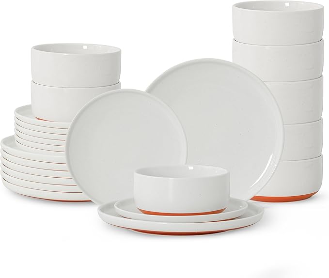 24 Piece Dinnerware Set Dual Glaze Stoneware Plates and Bowls Sets Modern Dinner Plate Salad Plate Cereal Bowl Dish Set for 8 Microwave and Dishwasher Safe Stardust Glaze White