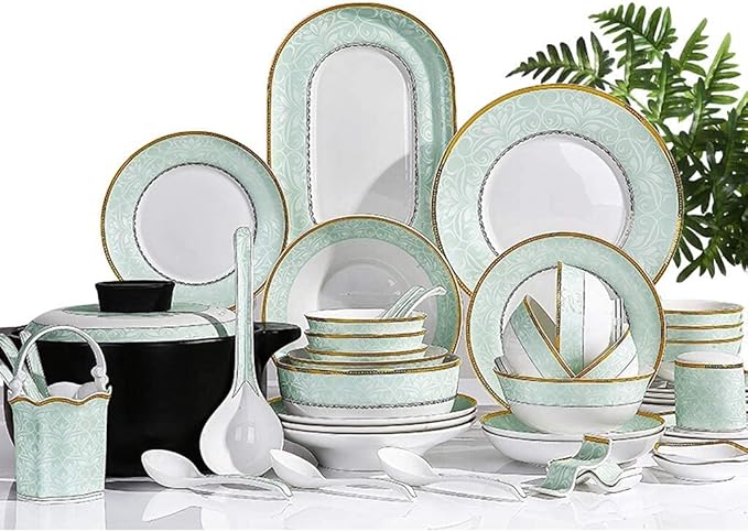 Ceramics Dinnerware Set with 40 PiecesBowl/Dish/Soup Pot/Spoon|Bone China Dinner SetsLake Baikal Pattern Porcelain Combination Set