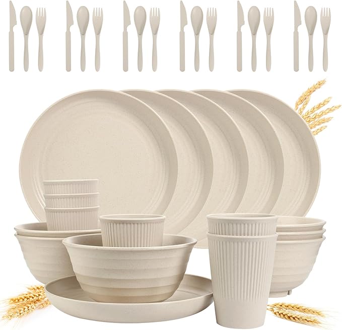 Wheat Straw Dinnerware Sets - SGAOFIEE 36 Piece Unbreakable Dinnerware Sets Reusable Wheat Straw Plates and Bowls Sets Travel Camping Cutlery Set Dishwasher Microwave Safe Dinnerware-Beige White