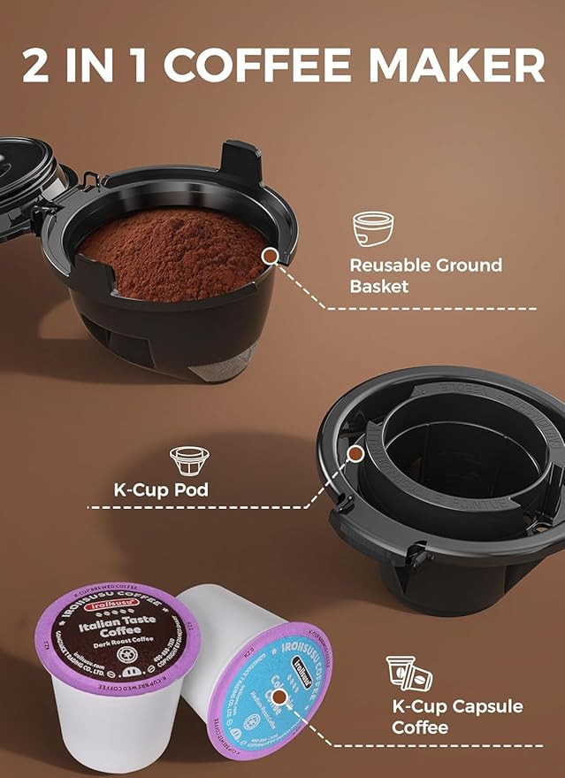 Single Serve Coffee Maker 2 in 1 Kcup Pod &amp Ground Coffee Brewer 40 Oz Removable Water Tank 5 Brew Sizes 6-14 Oz Self-cleaning Fast Heating Coffee Machine for Home Office