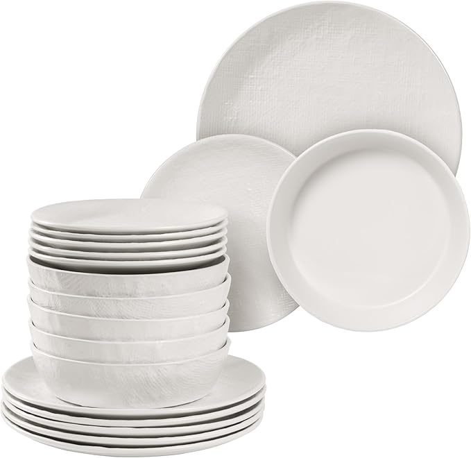 Navaris Linen Artisan Stoneware Dinnerware Set (18 Pieces) - White Dinnerware with Dinner Plates Side Plates and Pasta Bowls - Dishwasher and Microwave Safe