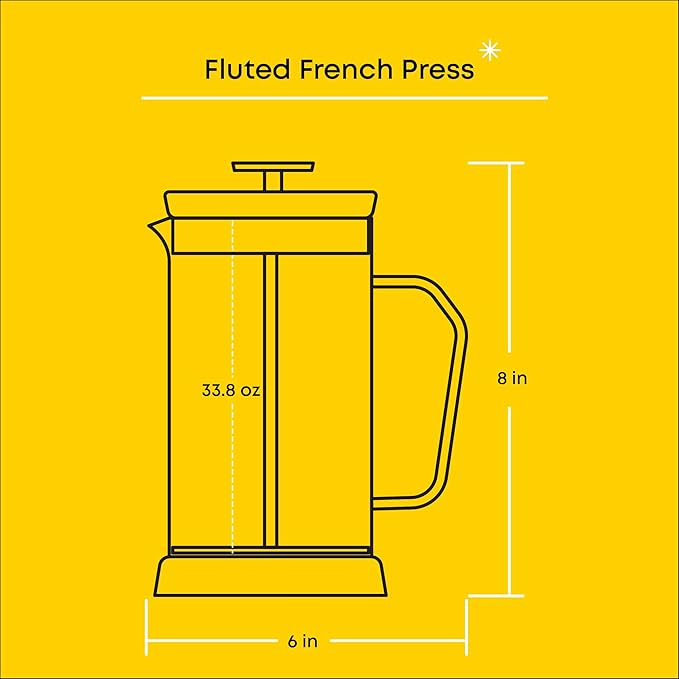 JoyJolt Fluted French Press Coffee and Tea Maker Set 33.8oz Stainless Steel Press Borosilicate Glass Coffee Press Cold Brew Portable French Press Tea Press Large clear