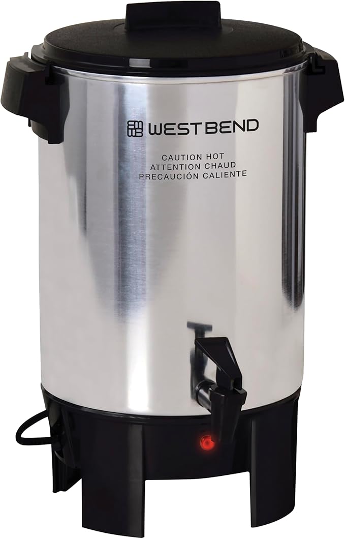 West Bend Coffee Urn Highly-Polished Aluminum Features Automatic Temperature Control with Cup Per Minute Brewing and Easy Clean Up Includes In-Basket Measuring Guide and Ready Light 30-Cup Silver