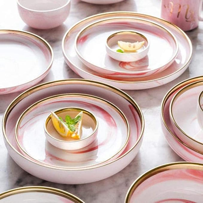 20 Piece Dinner Set Pink Marble Phnom Penh Ceramic Dinnerware Set Service for 6 People