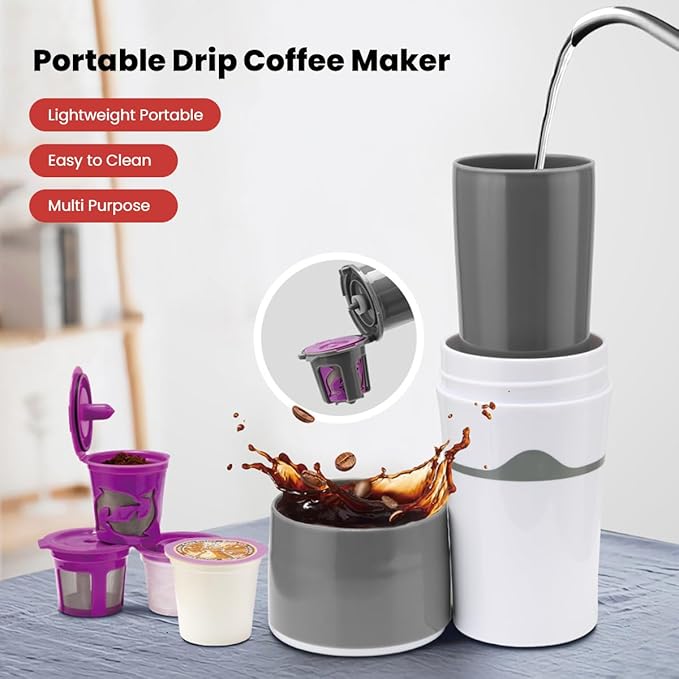450ml Portable Drip Coffee Travel Mug Side Leakage Proof Sharing Cup Lid Drip Coffee Machine with 3 Capsules for K Cup Capsules (Grey and White)