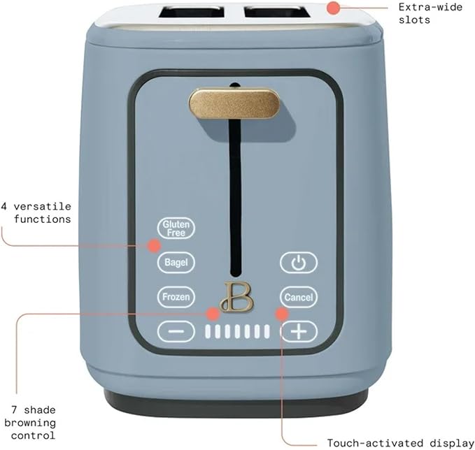 2 Slice Digital Toaster with Touch Control Panel Adjustable Toast Shade Settings Wide Bread Openings Bagel &amp Frozen Modes Removable Crumb Tray (Cornflower Blue)