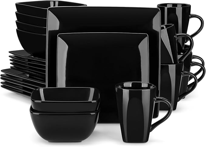 vancasso Soho Dinnerware Sets 24 Pieces Black Stoneware Square Place Setting Dinner Plate Cups and Plates Sets for Kitchen Dish Set for 6
