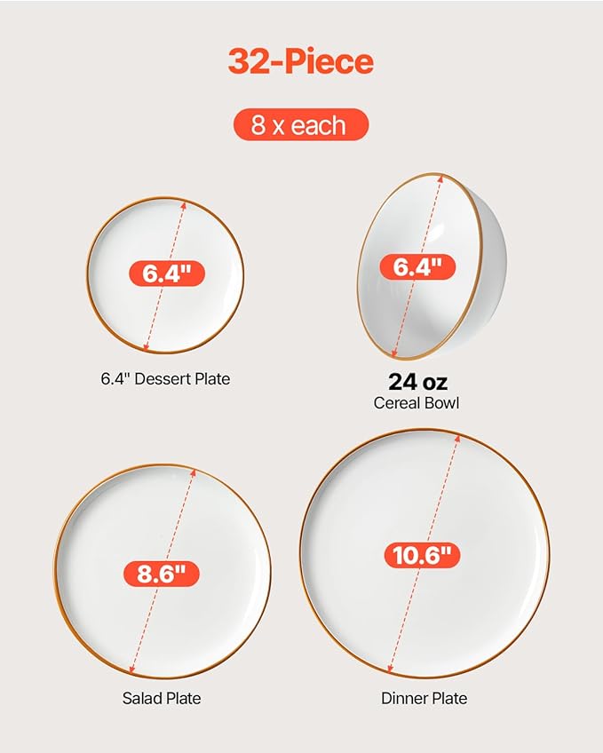 VEVOR Dinnerware Set Service for 8 (32 PCS) Round Plates and Bowls Sets Scratch Resistant Ceramic Dinner Ware Dishwasher and Microwave Suitable Kitchen Dish for Dessert Salad Soup Pasta White