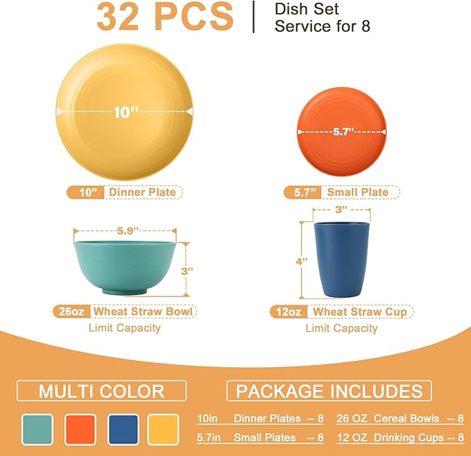 Homienly Dinnerware Set 32-Piece Wheat Straw Dinnerware Sets Unbreakable Reusable Dinnerware Set Kitchen Cups Plates and Bowls Sets Microwave and Dishwasher Safe Dishes for Camping Outdoor-Colorful