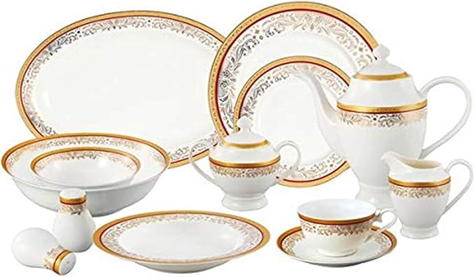 Lorren Home Trends La Luna Collection Bone China 57-Piece Red and 24K Gold Design Dinnerware Set Service for 8