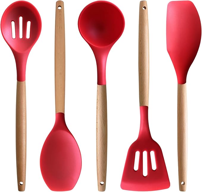 Silicone Cooking Utensils Set 5Pcs Non-Stick Silicone Kitchen Utensils for Cooking Heat Resistant Kitchen Gadgets Spatula Spoon Turner Set with Wooden Handles for Non-Stick Cookware BPA Free