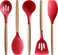 Silicone Cooking Utensils Set 5Pcs Non-Stick Silicone Kitchen Utensils for Cooking Heat Resistant Kitchen Gadgets Spatula Spoon Turner Set with Wooden Handles for Non-Stick Cookware BPA Free