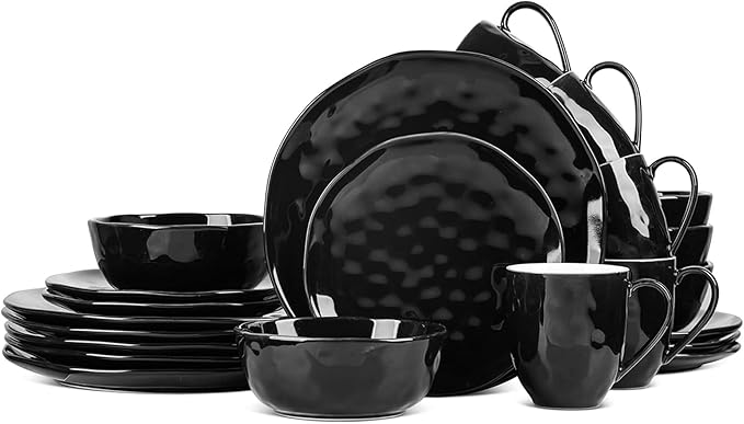 Stone Lain Ivy Stoneware 24 Piece Dinnerware Set Home Kitchen Dish Set with Dinner Plates Salad Plates Bowls &amp Mugs - Service for 6 Black
