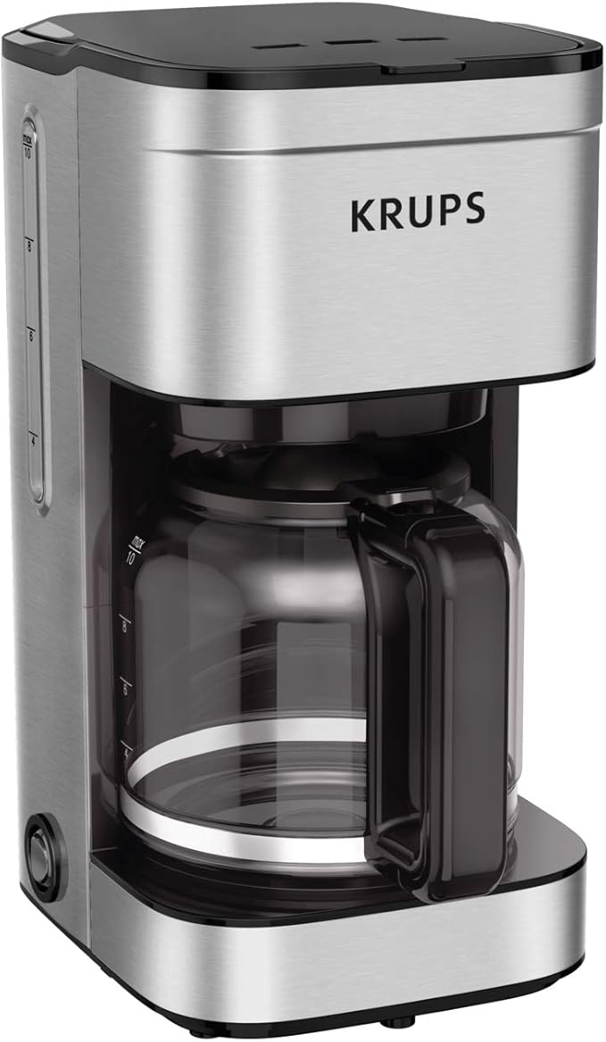 KRUPS Coffee Maker 10 Cups Simply Brew Stainless Steel Drip Coffee Maker 900 Watts Coffee Filter Drip Free Dishwasher Safe Pot  Black &amp Silver