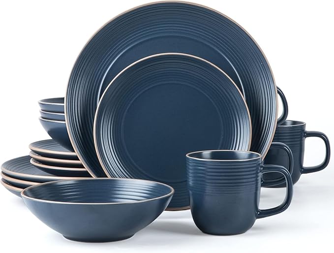 RINGAR Round Stoneware 16pc Dinnerware Set of 4 Dinner Plates Side Plates Cereal Bowls Mugs - Speckle Matte Blue (428051)