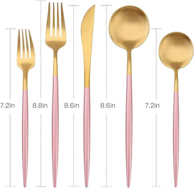 Matte Gold Silverware Set with pink handle Bysta 20-Piece Stainless Steel Flatware Set Kitchen Utensil Set Service for 4 Tableware Cutlery Set for Home and Restaurant Satin Finish Dishwasher Safe