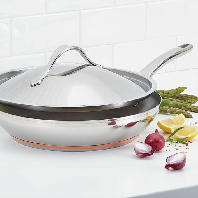 Anolon Nouvelle Stainless Stainless Steel Frying Pan / Fry Pan / Stainless Steel Skillet with Lid - 12 Inch Silver