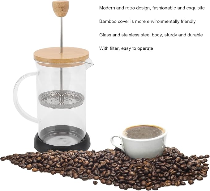 flexman French Press Coffee Maker High Heat Borosilicate Glass Stainless Steel French Press Coffee for Home Office Outdoor Camping Family Gatherings (600ML Bamboo Cover)