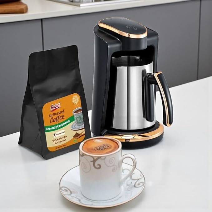 Sadaf Mediterranean Bundle – One-Touch Electric Turkish Coffee Maker + Air Roasted Cardamom Ground &amp Colombian Whole Bean Coffees – Authentic Middle Eastern Experience