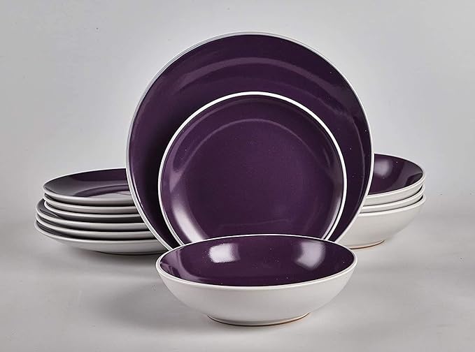 Stoneware Coupe Shape 12pc Dinnerware Set Outside White + Inside Purple