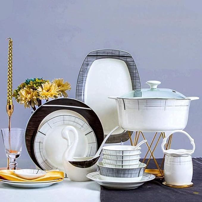 Dinnerware Sets - Luxury Gift Dishes Service Set Dinner Set 66 Pieces Porcelain Dinnerware Set Modern Black and White Overglaze Tableware Combination Suitable for 10 Persons