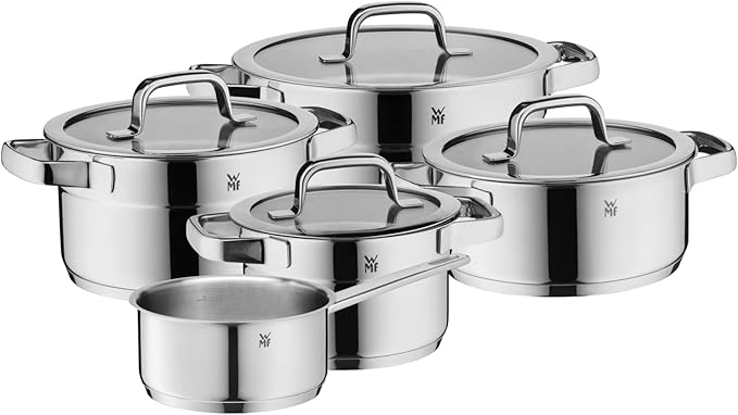 WMF Compact Cuisine 5-Piece Induction Saucepan Set with Glass Lid Polished Cromargan Stainless Steel Induction Pots Set Uncoated Inner Scale