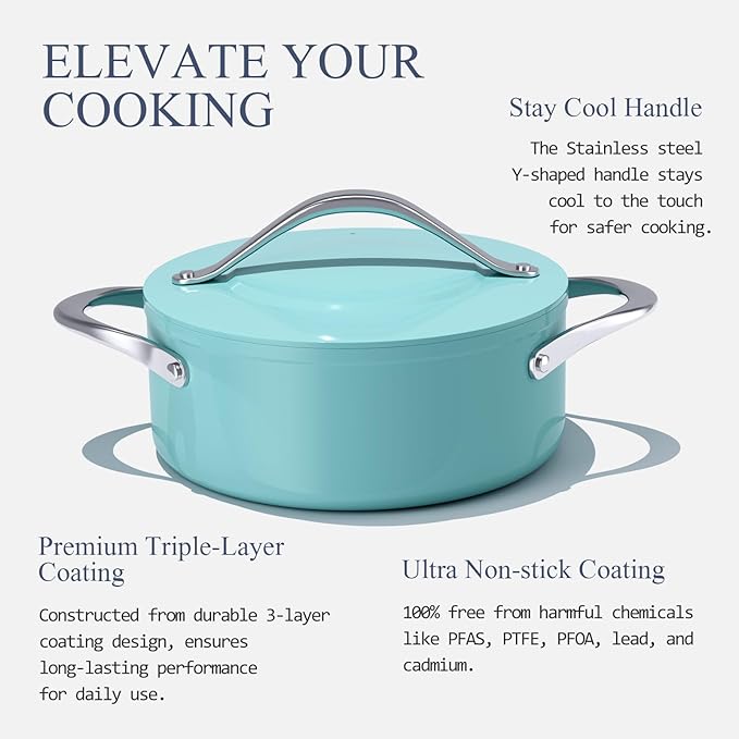 Ceramic Nonstick Cookware Set 8 Fry Pan &amp 4.5qt Dutch Oven PFAS/PTFE/PFOA Free Even Heat Distribution All Cooktops Compatible Oven Safe to 500°F (Caribbean Blue)