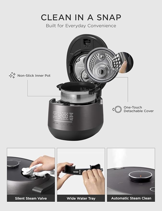 CUCKOO Twin Pressure Rice Cooker 6-Cup Uncooked / 12-Cup Cooked with Induction Heating Technology Silent Pressure System Open Cooking Mode Dynamic Display Eco Inner Pot Gray (CRP-PHTR0609FS)